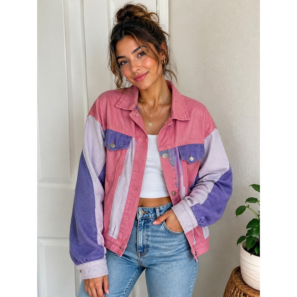 Signature8  Colour Block Cotton Jeans Jacket Size Large  Pink Blue Yellow